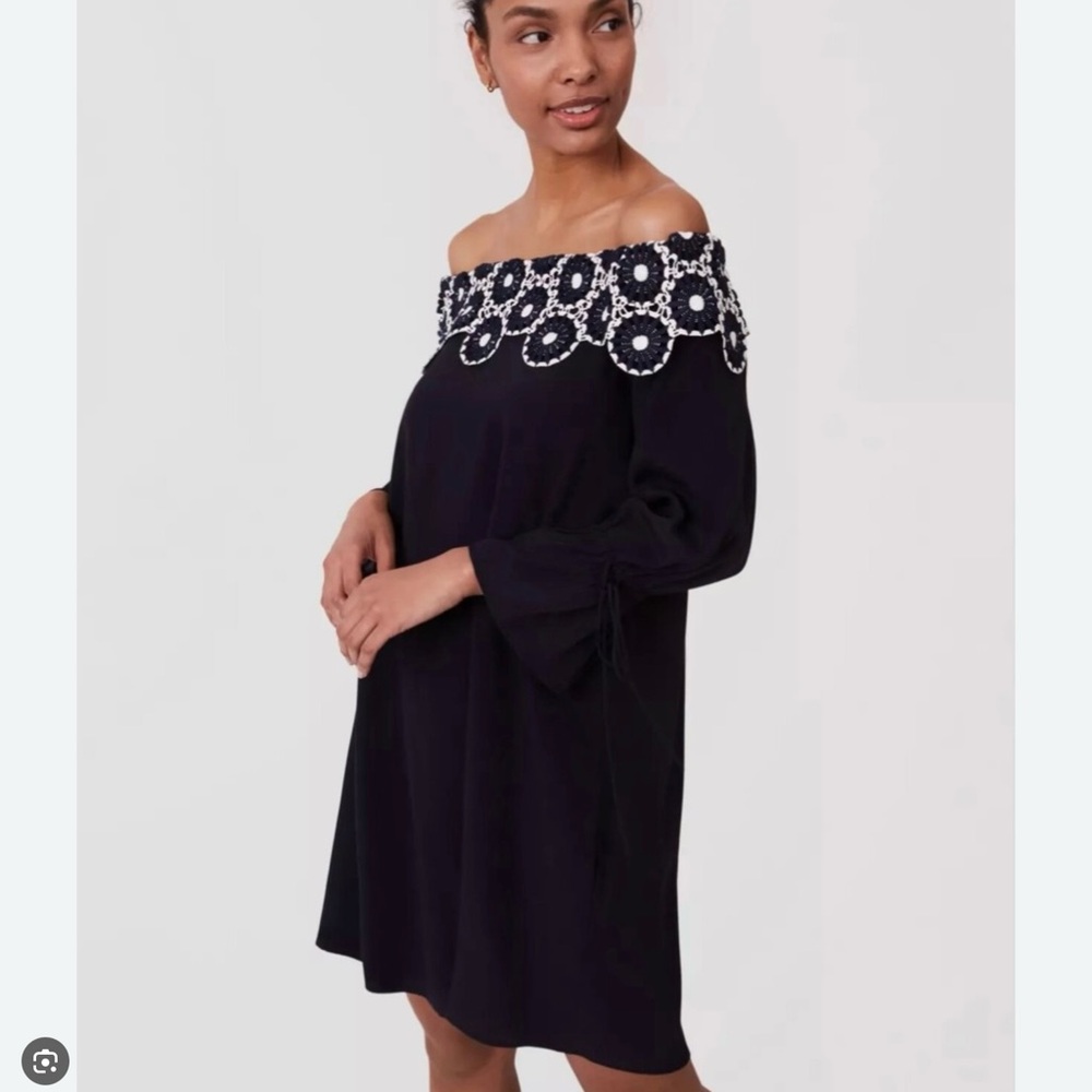 LOFT Navy Off-the-Shoulder Dress with White Floral Embroidery